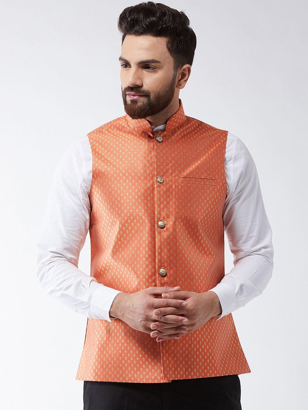 sojanya orange & gold printed nehru jacket