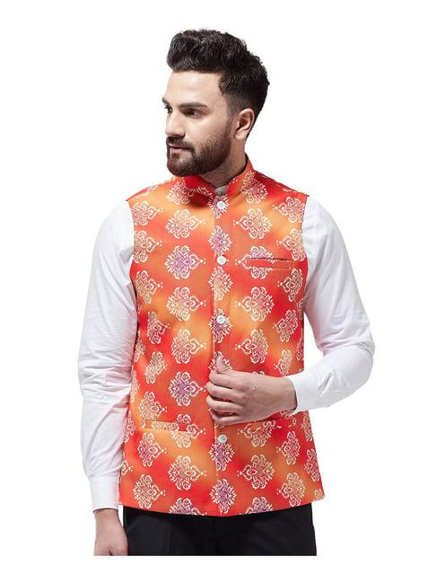 sojanya orange & off white printed nehru jacket