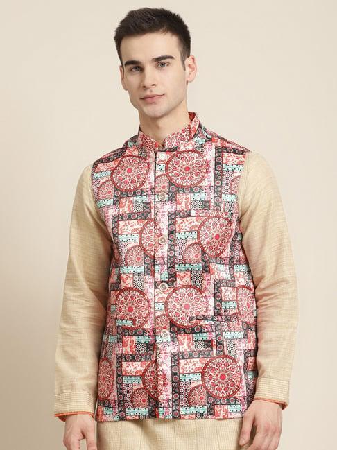 sojanya peach comfort fit printed nehru jacket