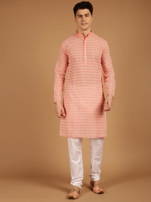 sojanya peach cotton regular fit embroidered kurta