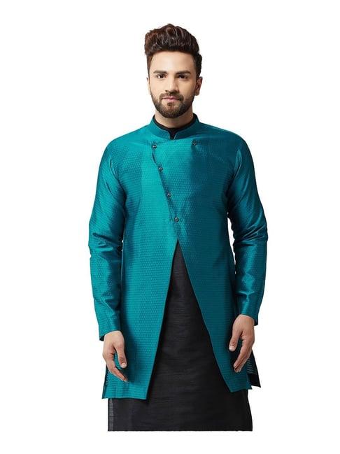 sojanya peacock blue self print sherwani jacket