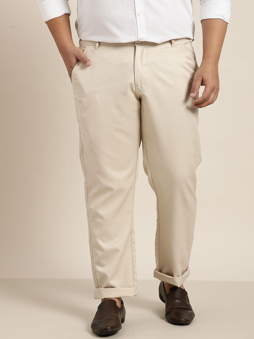 sojanya plus men beige solid smart formal trousers