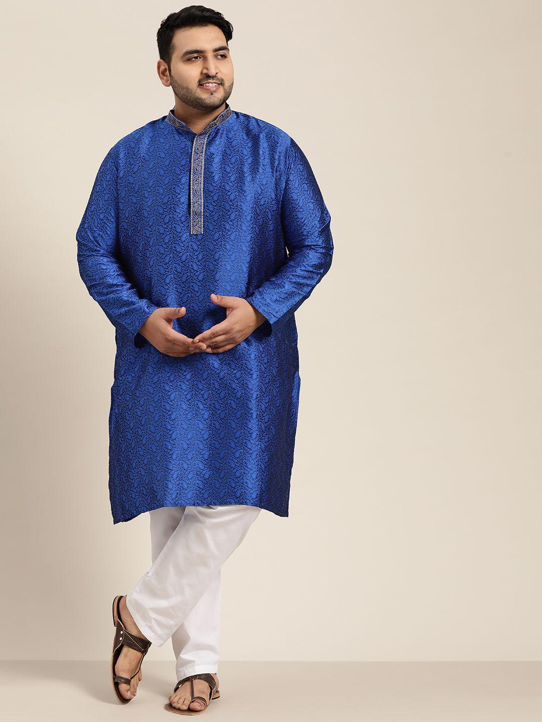 sojanya plus men blue ethnic motifs embroidered thread work kurta