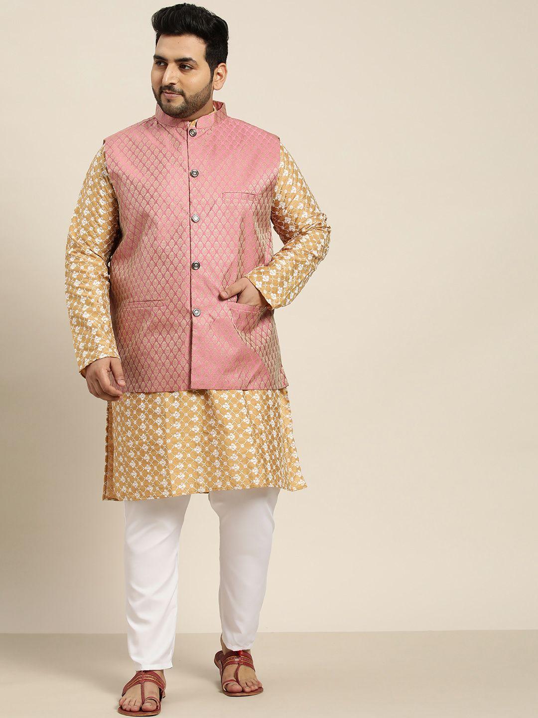 sojanya plus men golden & white chikankari embroidered kurta with churidar & nehru jacket