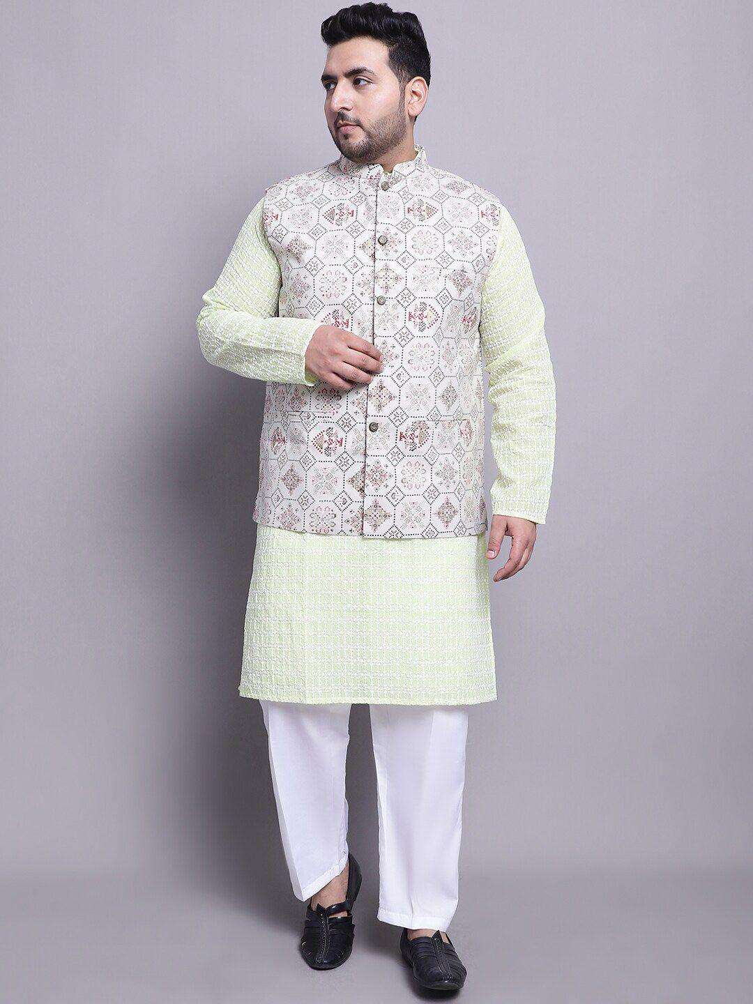 sojanya plus men green ethnic motifs embroidered regular thread work pure cotton kurta with pyjamas