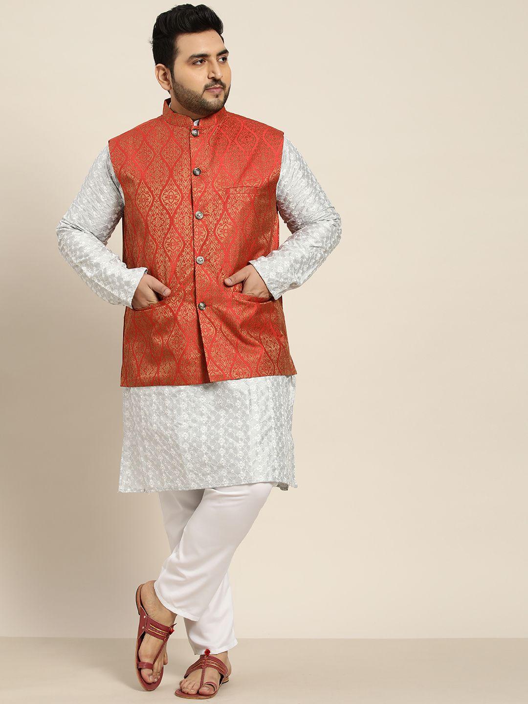 sojanya plus men grey & white chikankari embroidered kurta with churidar & nehru jacket