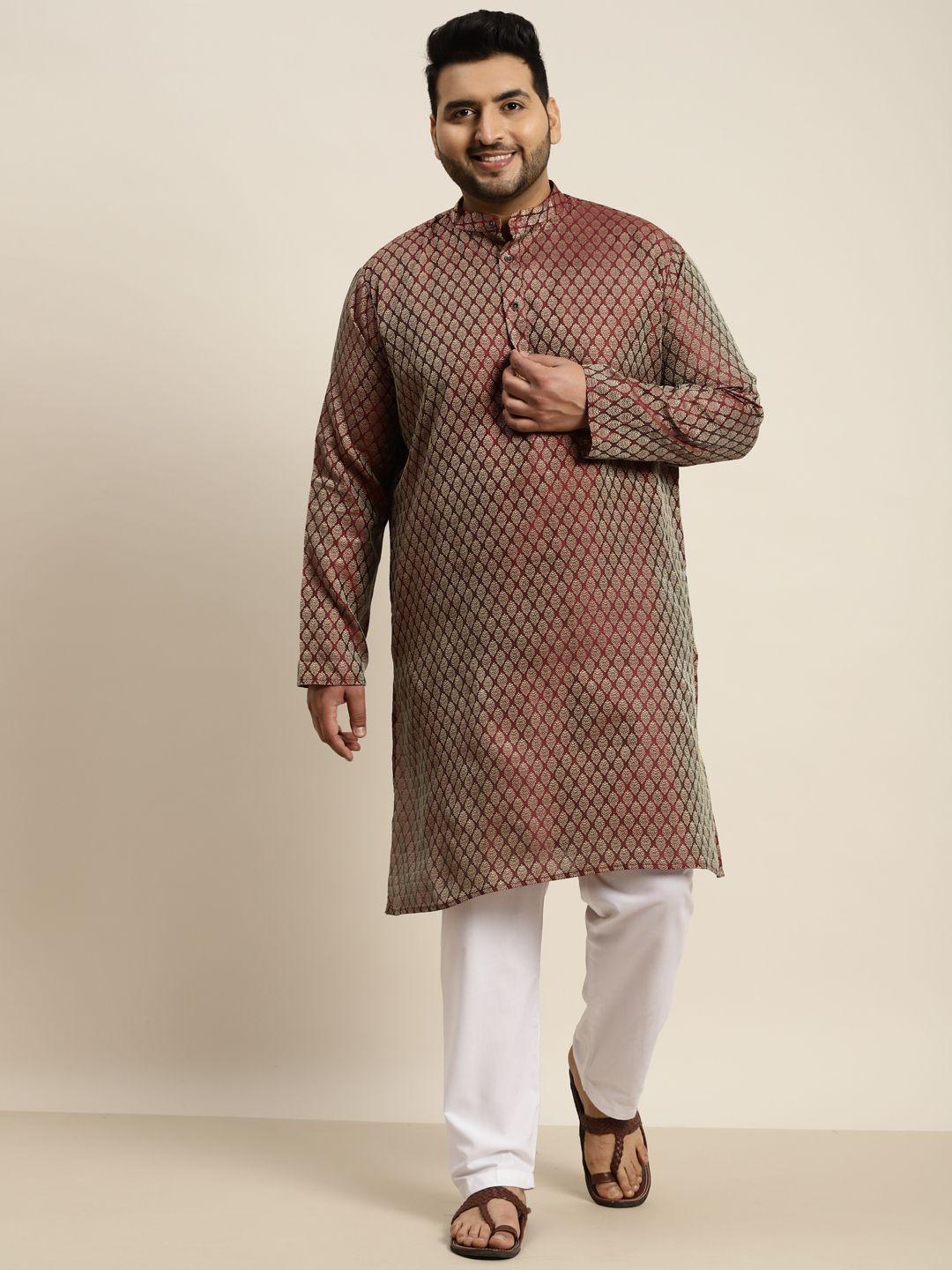 sojanya plus men maroon jacquard self design kurta with pyjamas