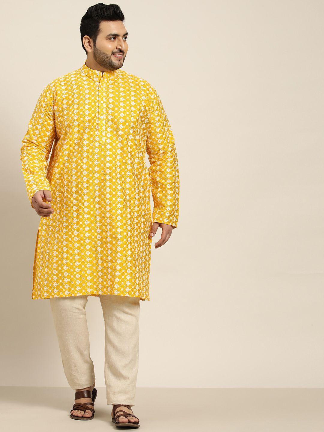 sojanya plus men mustard yellow & white chikankari embroidered kurta