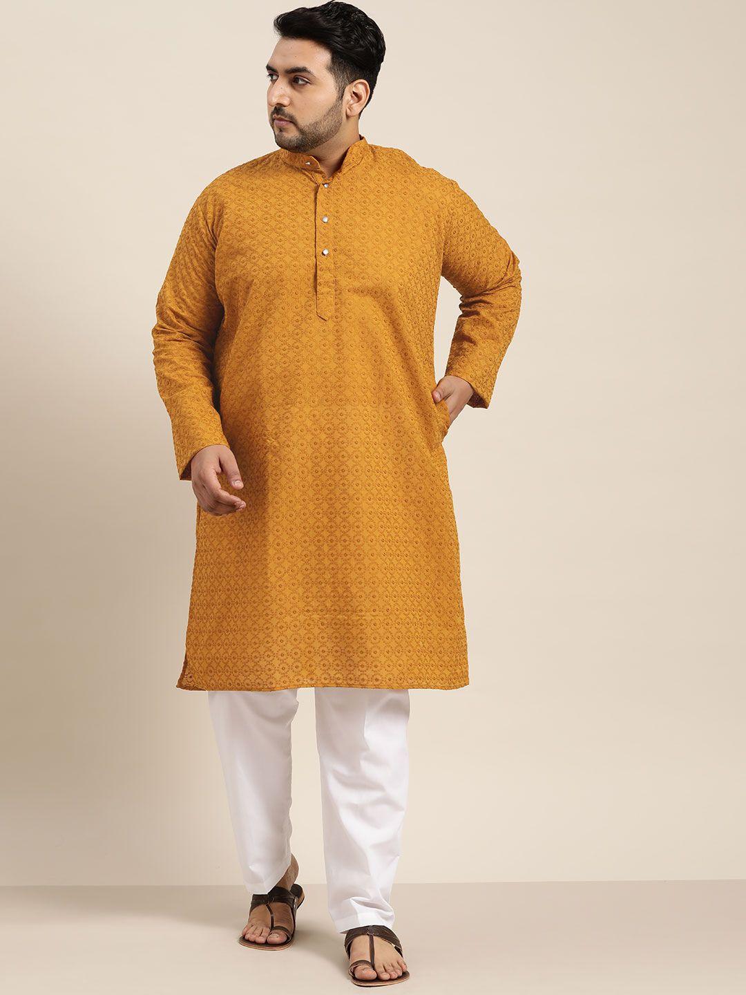 sojanya plus men mustard yellow embroidered straight kurta