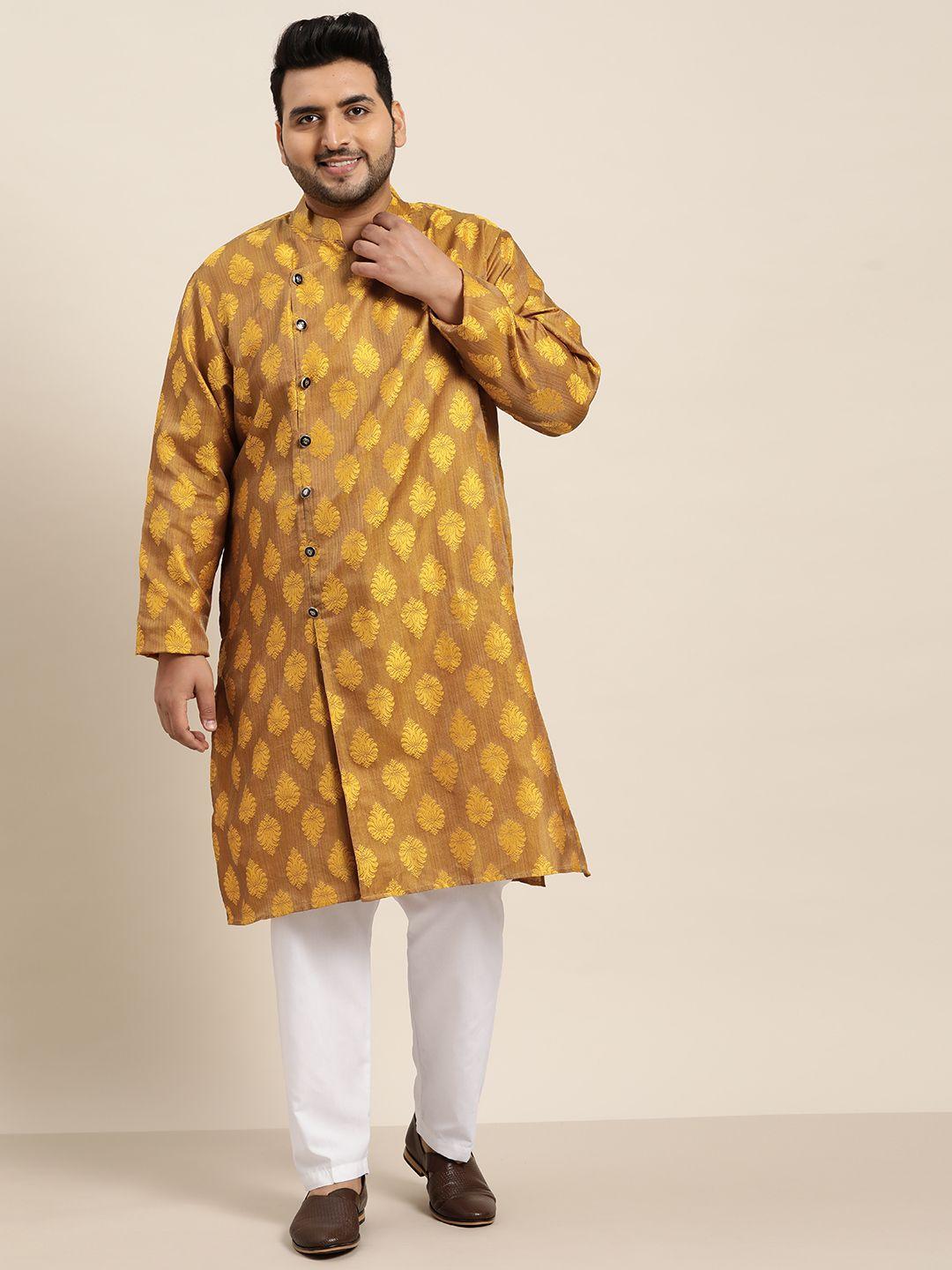 sojanya plus men mustard yellow ethnic motifs thread work angrakha kurta with churidar