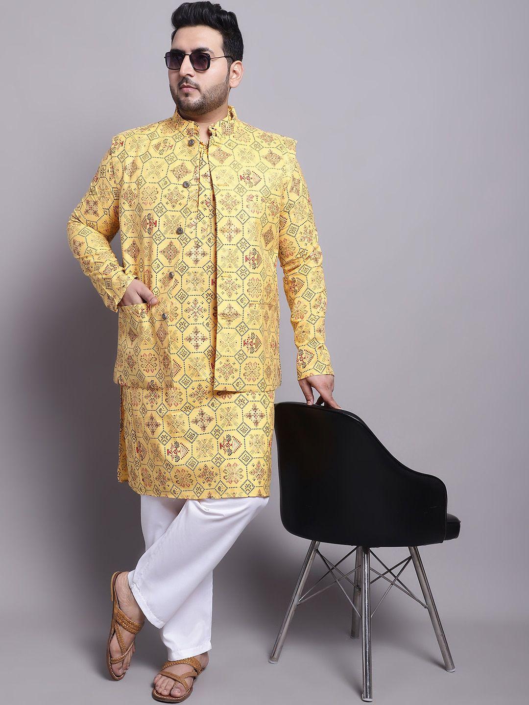 sojanya plus men mustard yellow printed regular kurta with pyjamas