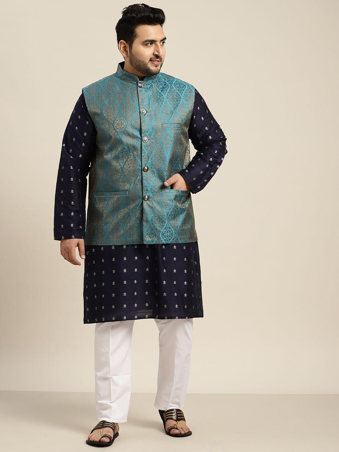 sojanya plus men navy blue & teal green kurta with churidar with nehru jacket