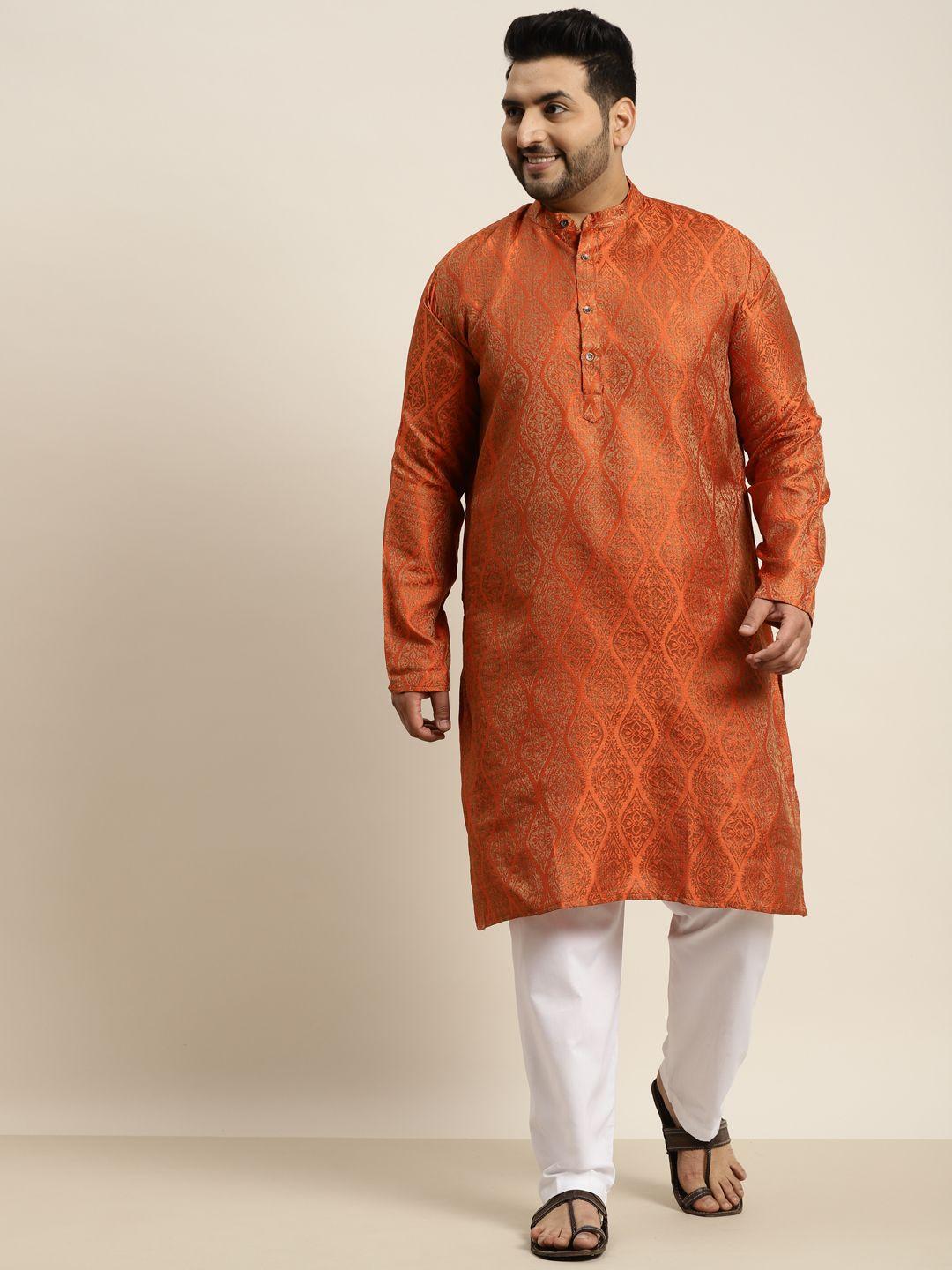sojanya plus men orange jacquard self design kurta with pyjamas