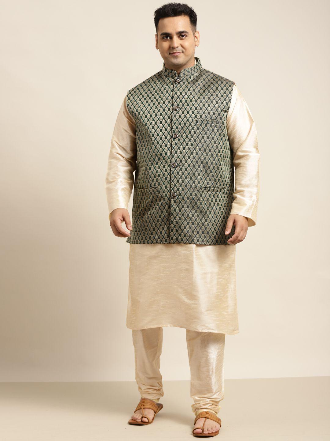 sojanya plus men plus size beige solid kurta & churidar comes with a nehru jacket