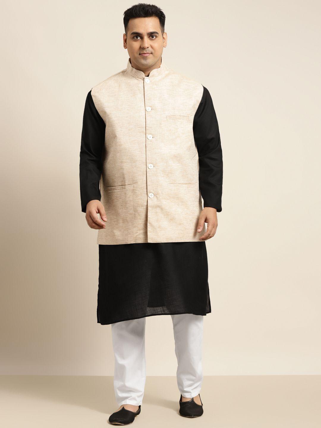 sojanya plus men plus size black solid kurta & churidar comes with a nehru jacket