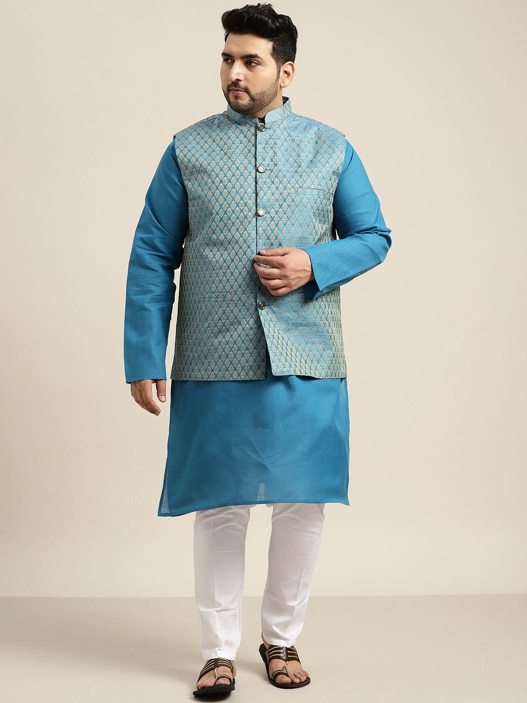 sojanya plus men plus size blue kurta with pyjamas & nehru jacket