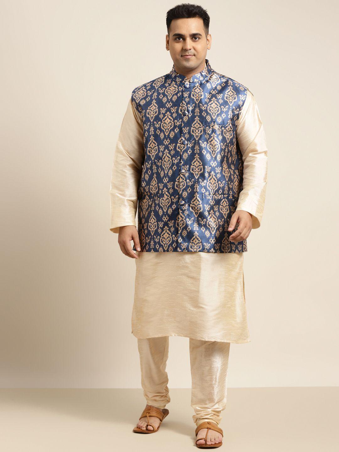 sojanya plus men plus size golden solid kurta with churidar comes with a nehru jacket