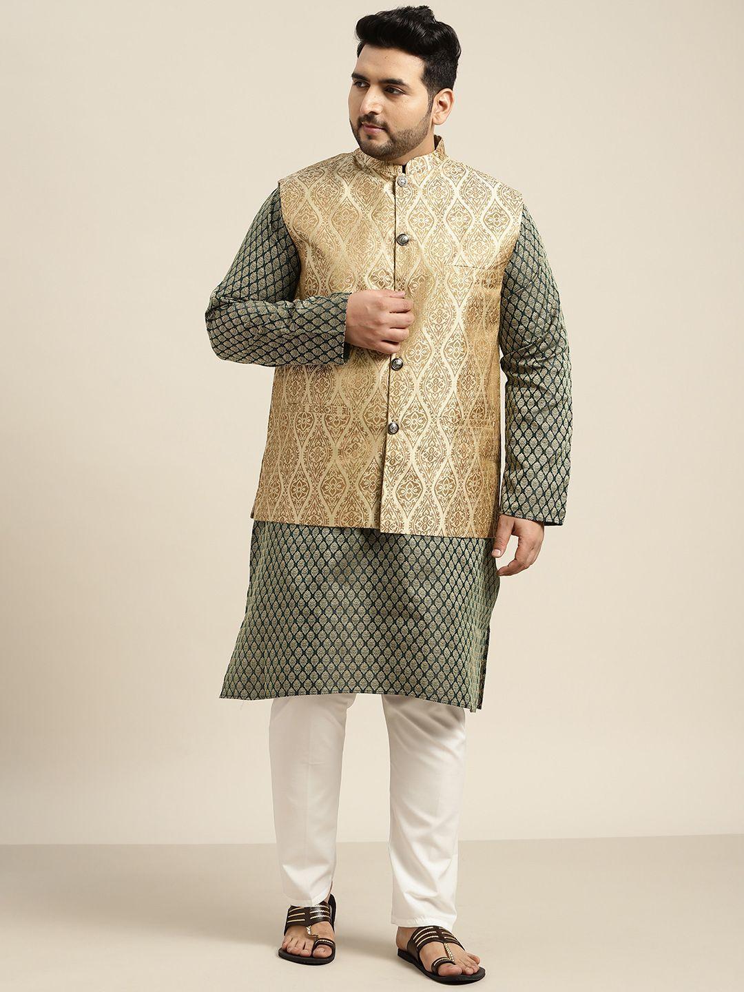 sojanya plus men plus size green woven design ethnic motifs kurta pyjamas & nehru jacket