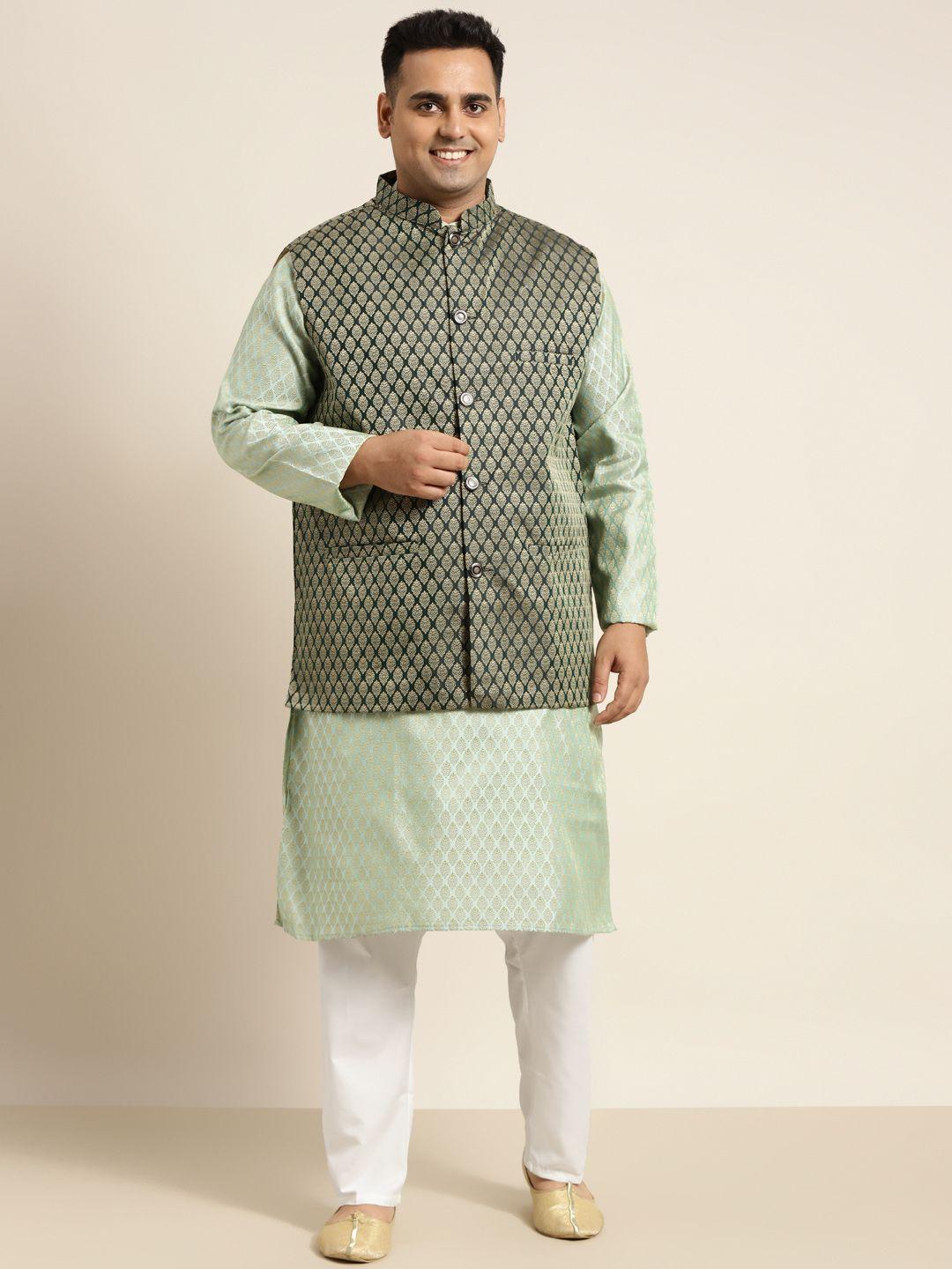 sojanya plus men plus size green woven design kurta & churidar comes with a nehru jacket