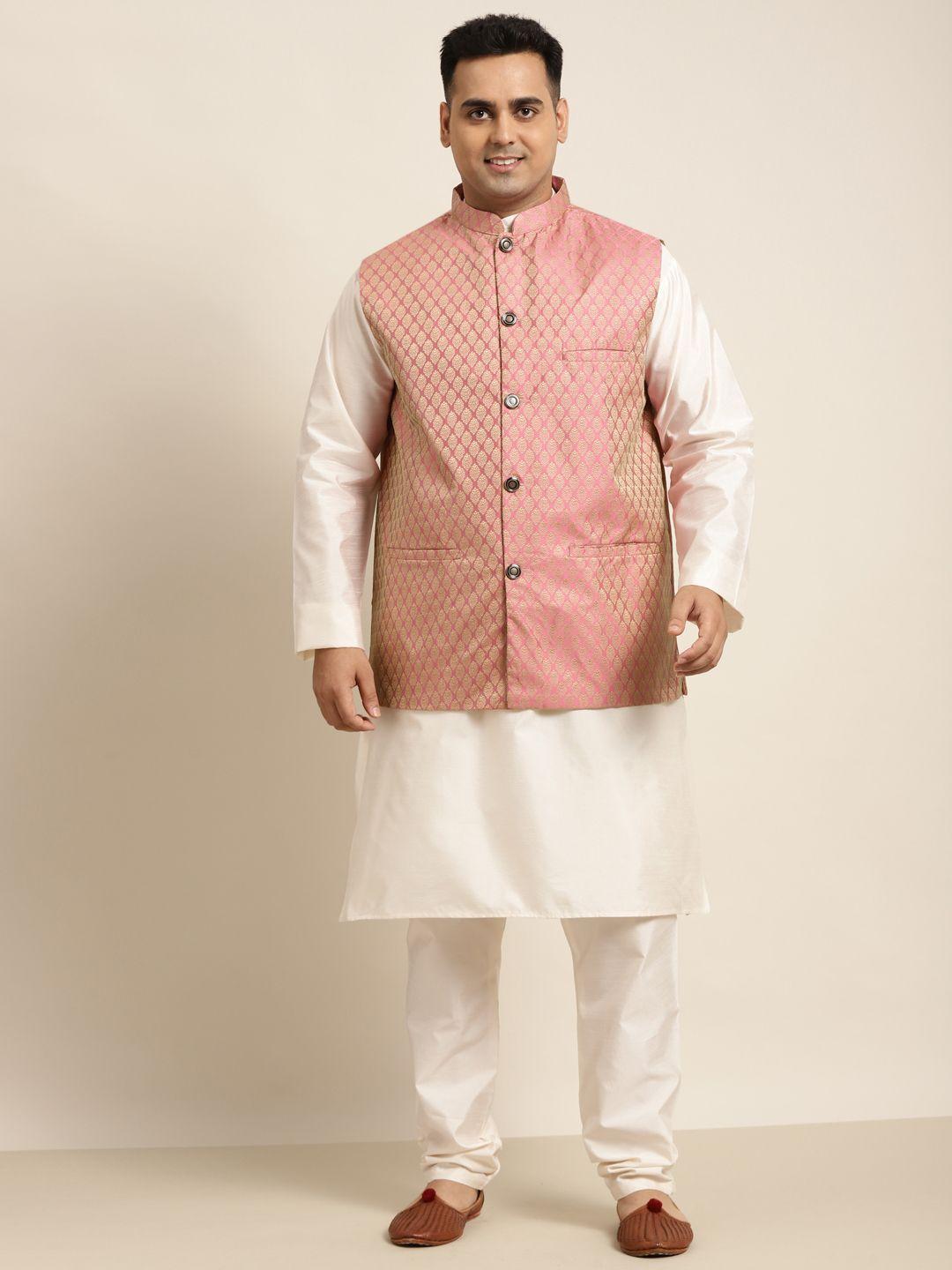 sojanya plus men plus size off white kurta with churidar & nehru jacket