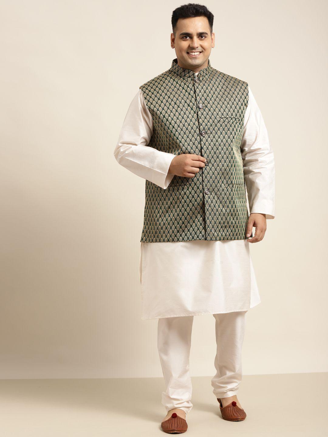 sojanya plus men plus size off white solid kurta & churidar comes with a nehru jacket