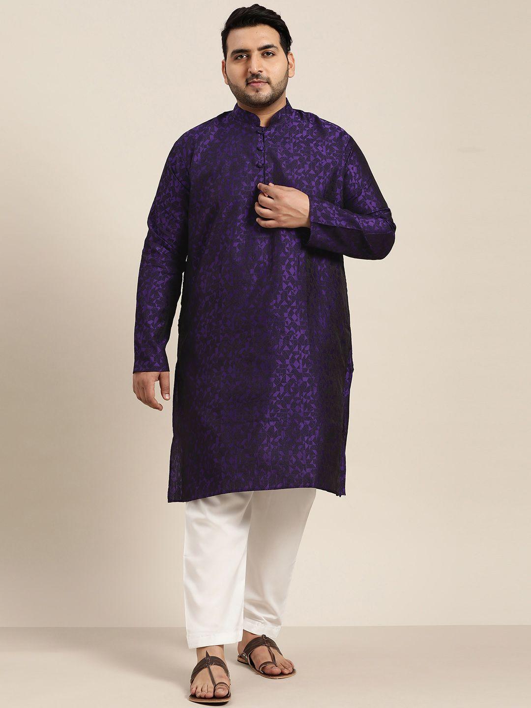 sojanya plus men purple & white woven design straight kurta with pyjamas