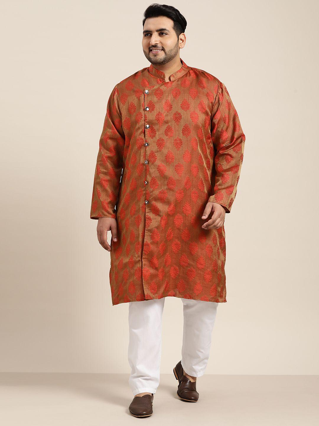 sojanya plus men rust red & white ethnic motifs angrakha kurta with pyjamas