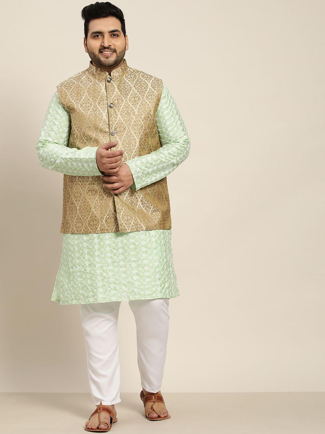 sojanya plus men sea green embroidered kurta with churidar comes with a nehru jacket