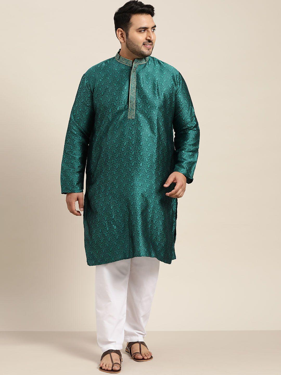 sojanya plus men teal green ethnic motifs embroidered thread work kurta