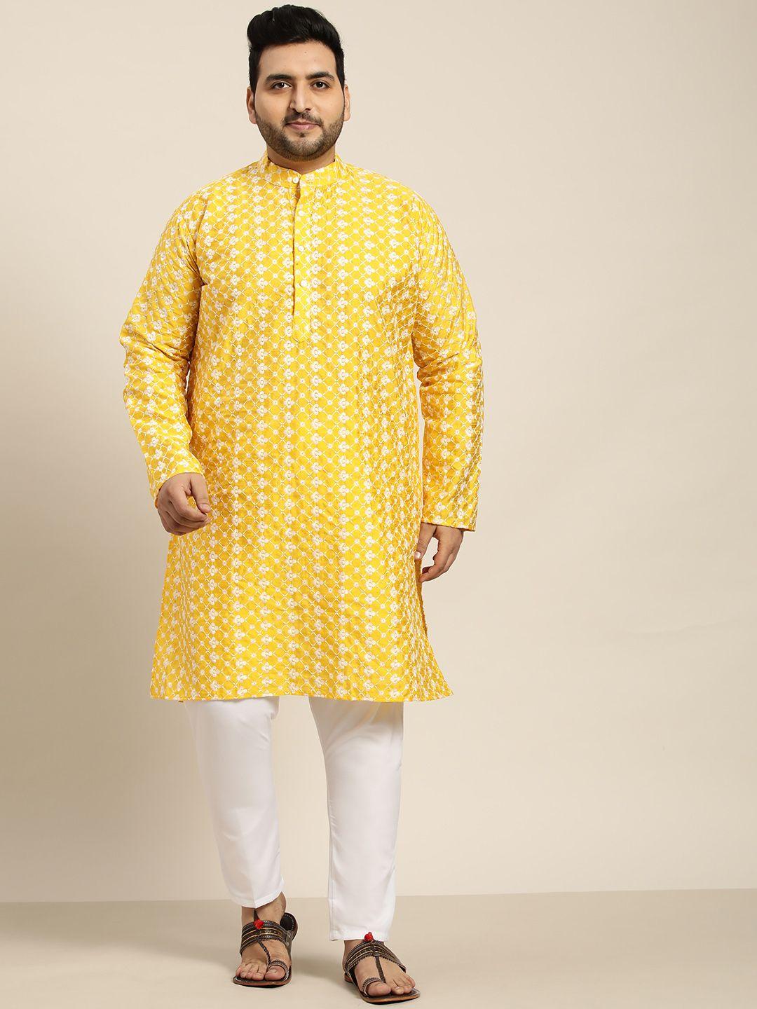 sojanya plus men yellow ethnic motifs embroidered kurta with churidar