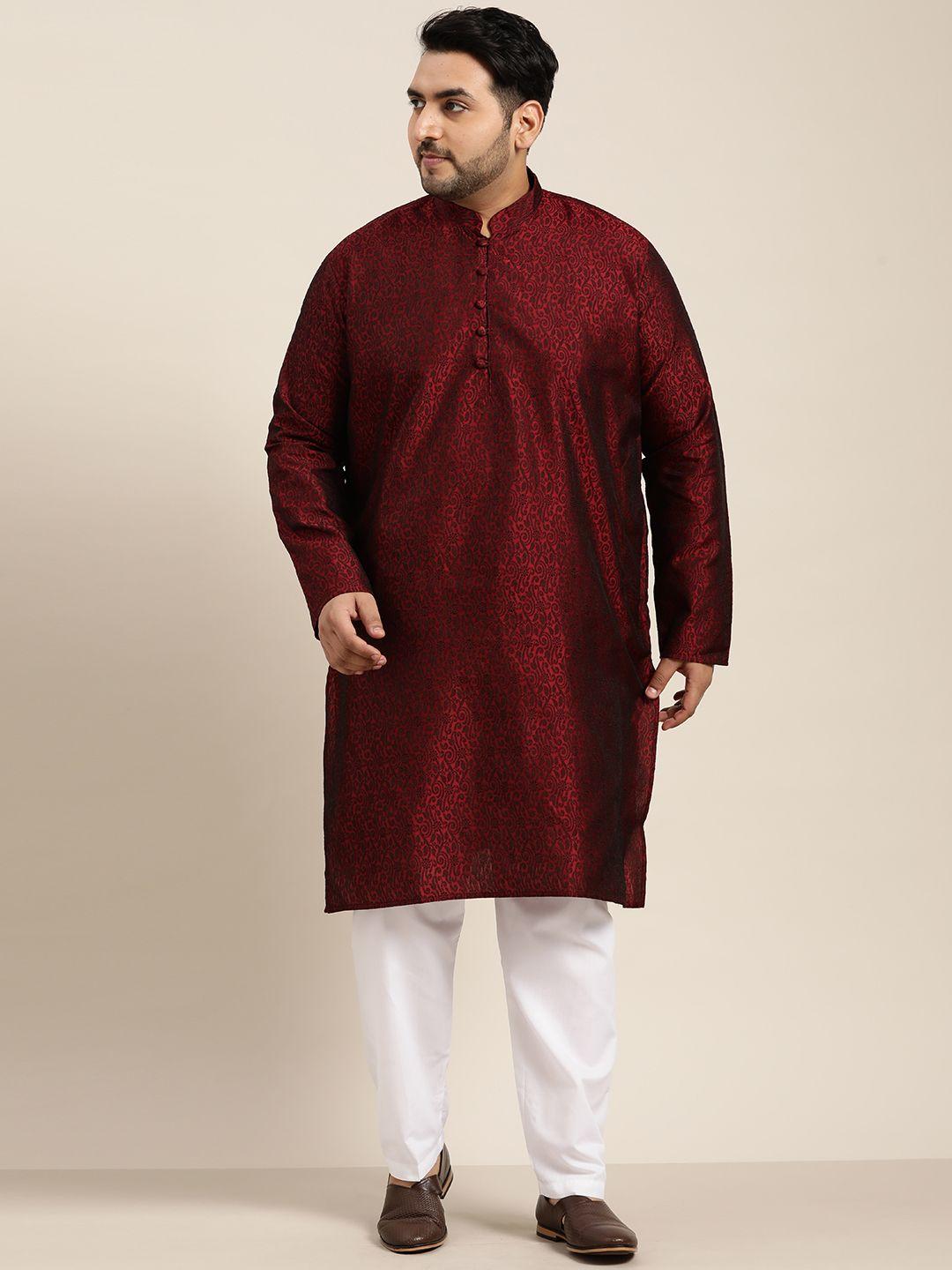 sojanya plus size men maroon & black woven design kurta with pyjama