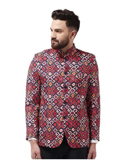 sojanya red & navy abstract print blazer