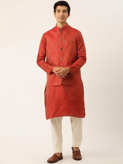 sojanya red regular fit self pattern kurta set with jacket