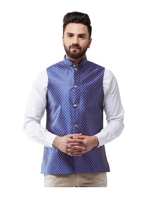 sojanya royal blue & gold printed nehru jacket