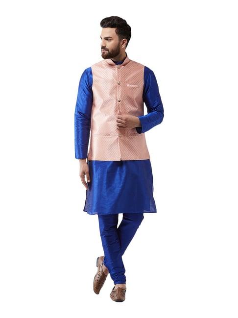 sojanya royal blue & peach self print suit