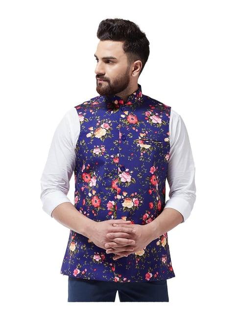 sojanya royal blue floral print nehru jacket