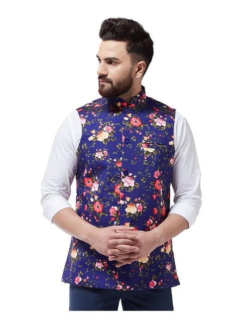 sojanya royal blue floral print nehru jacket