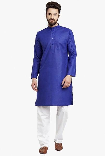 sojanya royal blue regular fit linen blend kurta set