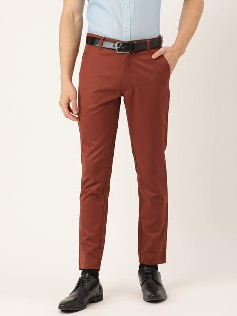 sojanya rust cotton regular slim fit flat front trousers