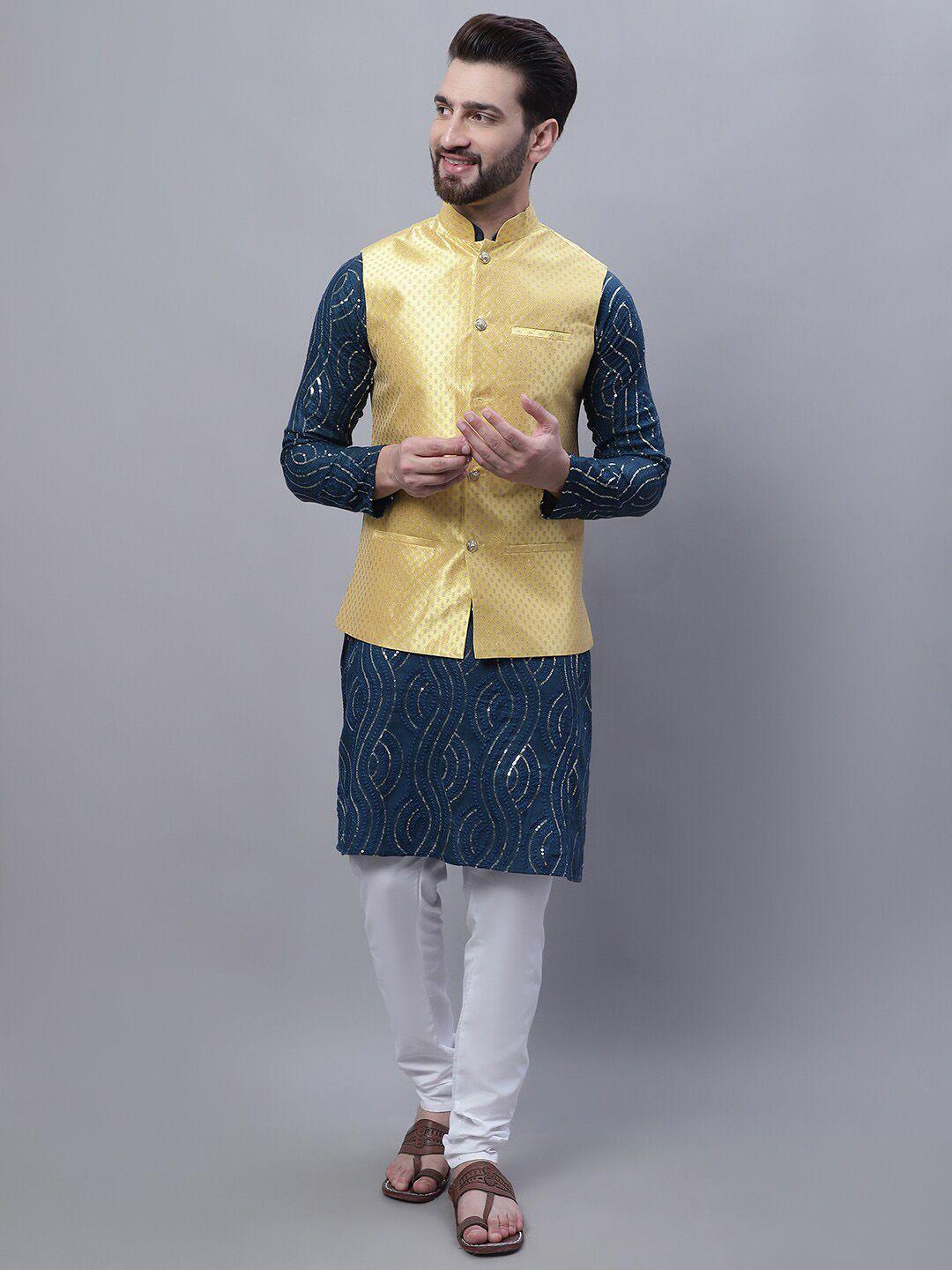 sojanya sequin embroidered pure cotton straight kurta with churidar and nehru jacket