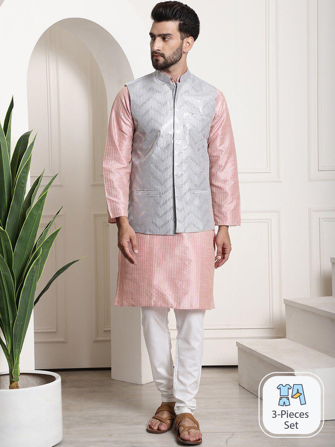 sojanya striped embroidered kurta with churidar & nehru jacket