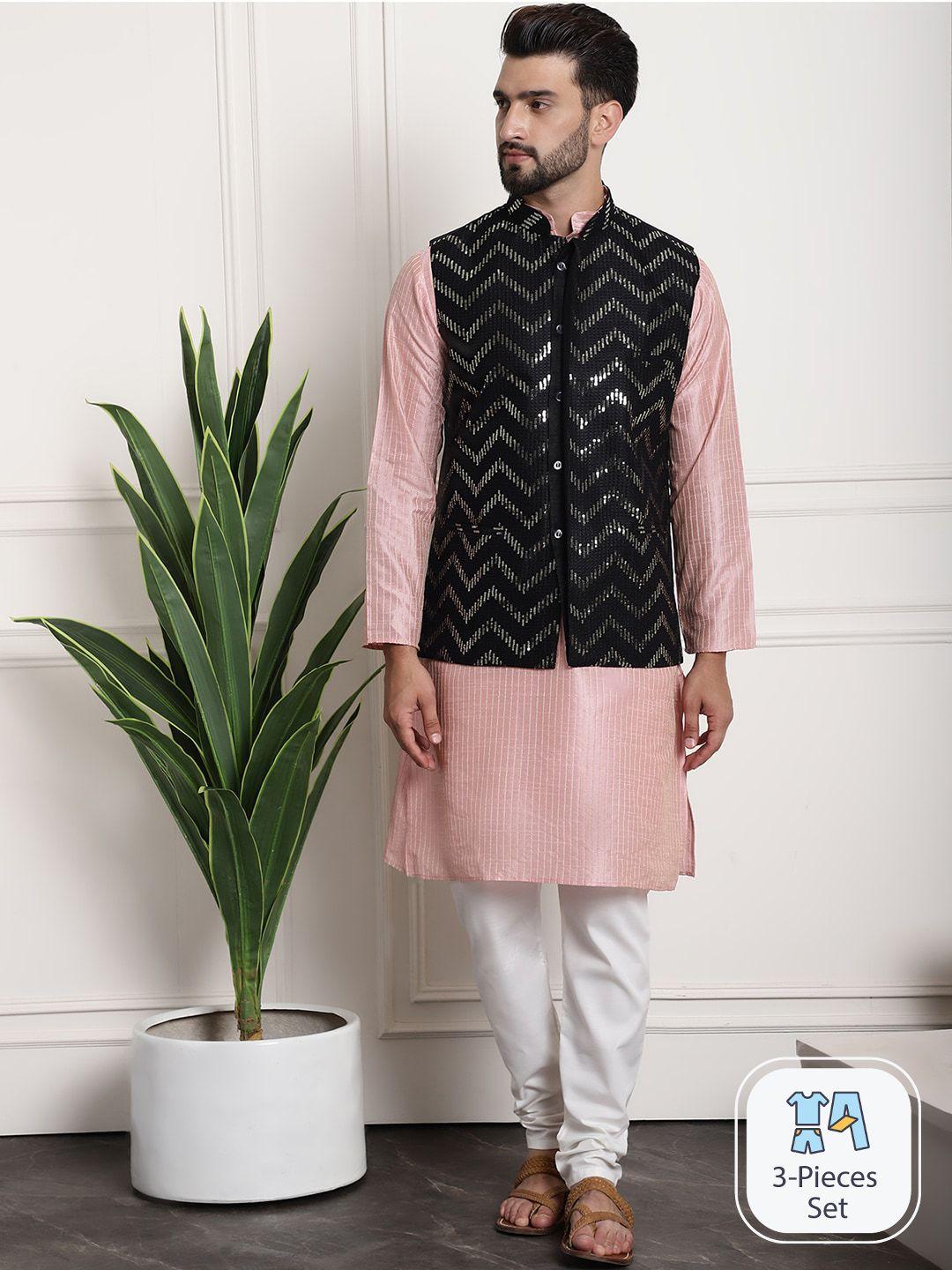 sojanya striped regular sequinned kurta & churidar with nehru jacket