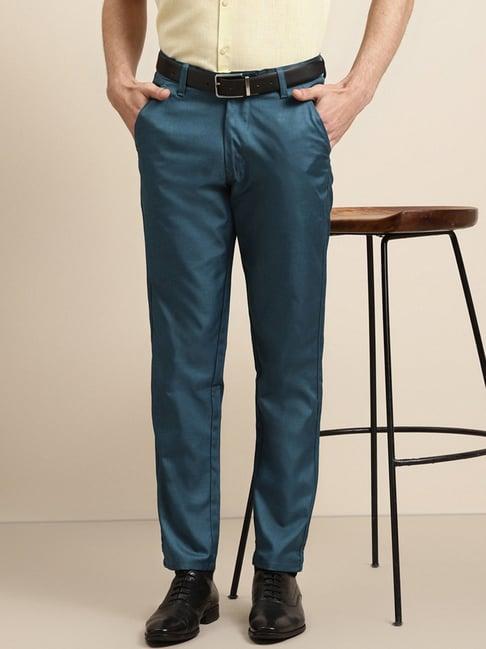 sojanya teal blue  cotton regular slim fit flat front trousers