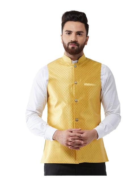 sojanya yellow & gold printed nehru jacket