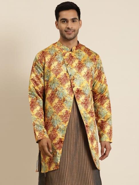 sojanya yellow comfort fit printed sherwani jacket