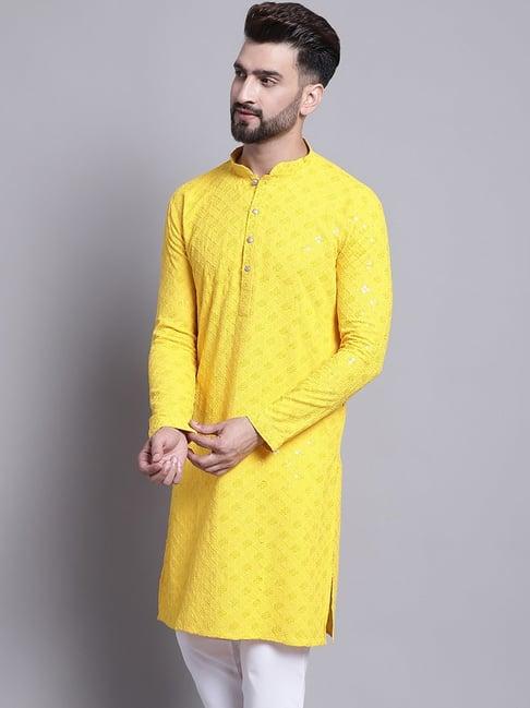 sojanya yellow cotton regular fit embellished kurta