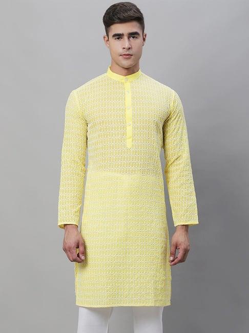 sojanya yellow cotton regular fit embroidered kurta