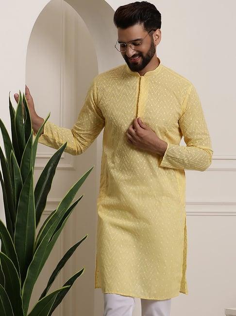 sojanya yellow cotton regular fit self pattern kurta