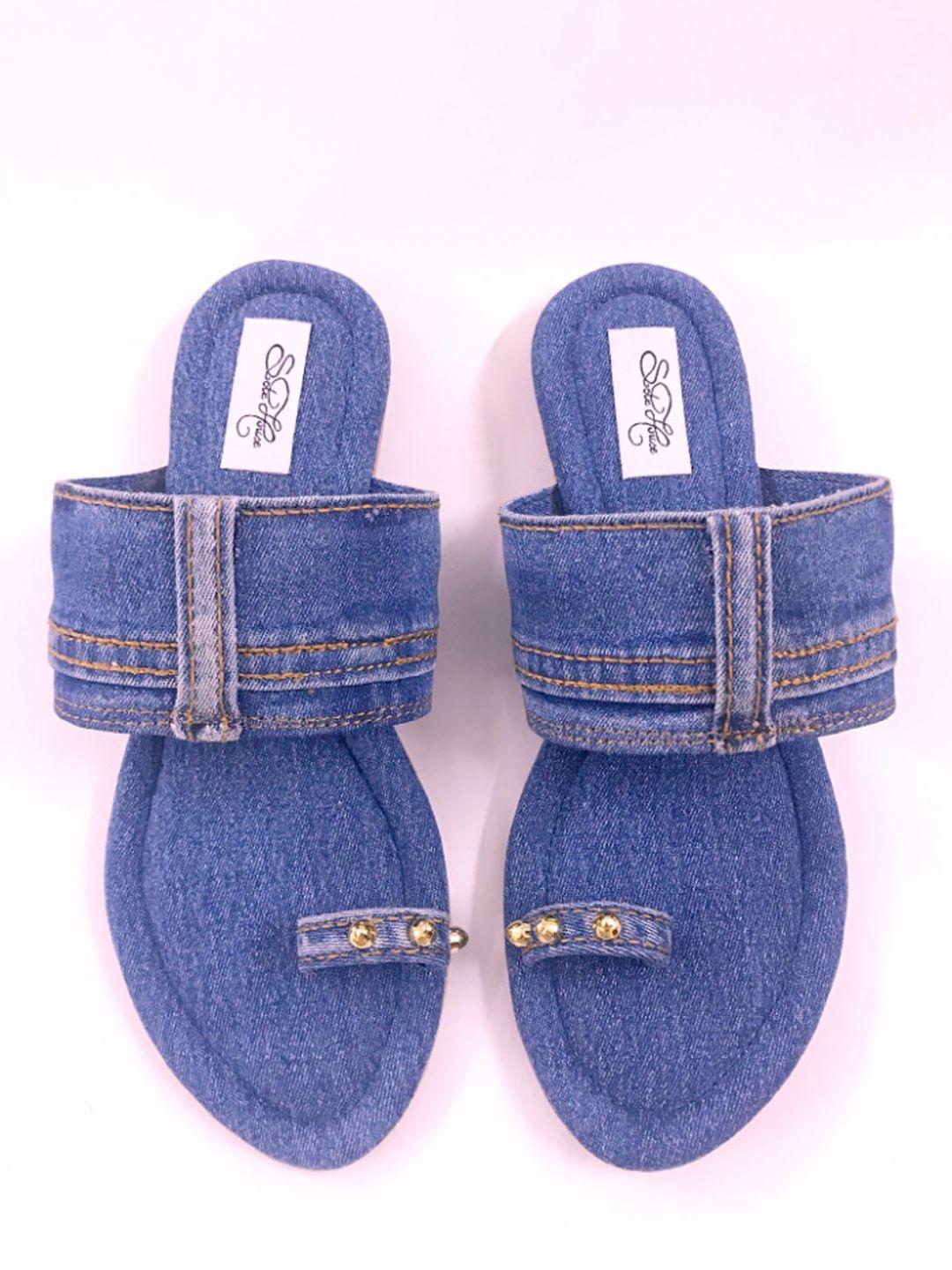 sole house women blue denim one toe flats