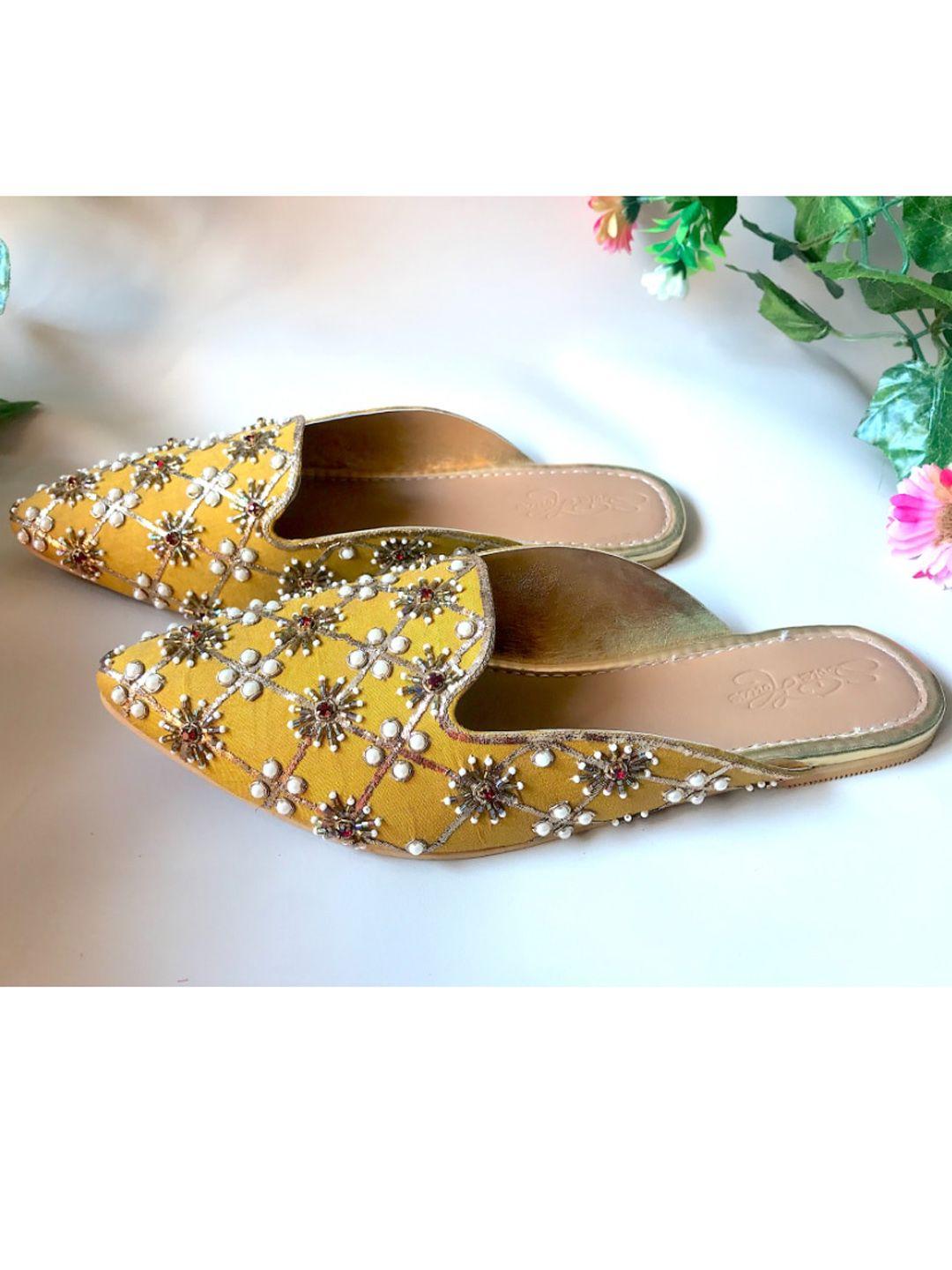 sole house women mustard embellished ethnic mules